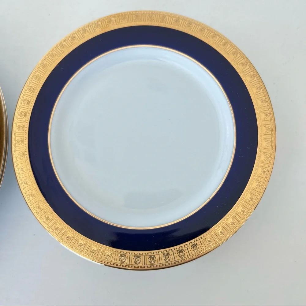 YAMASHIGE Japan 8 Pc Cobalt Blue Gold Encrusted Dinner w Salad Plates Porcelain